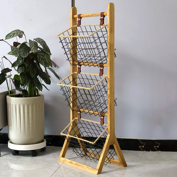 Moderner minimalistischer rechteckiger Massivholz-Eisen-Seil-Display-Rack mit 3-Korb für das Wohnzimmer 