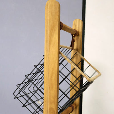 Modern Minimalist Rectangular Solid Wood Iron Rope Display Rack With 3-Basket For Living Room