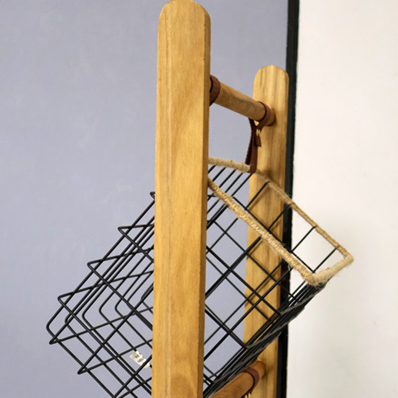 Modern Minimalist Rectangular Solid Wood Iron Rope Display Rack With 3-Basket For Living Room