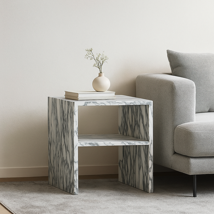 Moderner minimalistischer rechteckiger Marmorseitentisch 2-Bein 2-Ebenen kreatives Design für das Wohnzimmer 