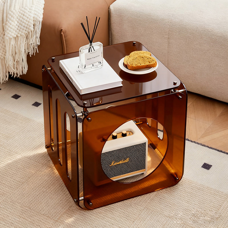 Modern Minimalist Square Acrylic Stainless Steel Side Table 2-Tier Sturdy Design For Living Room