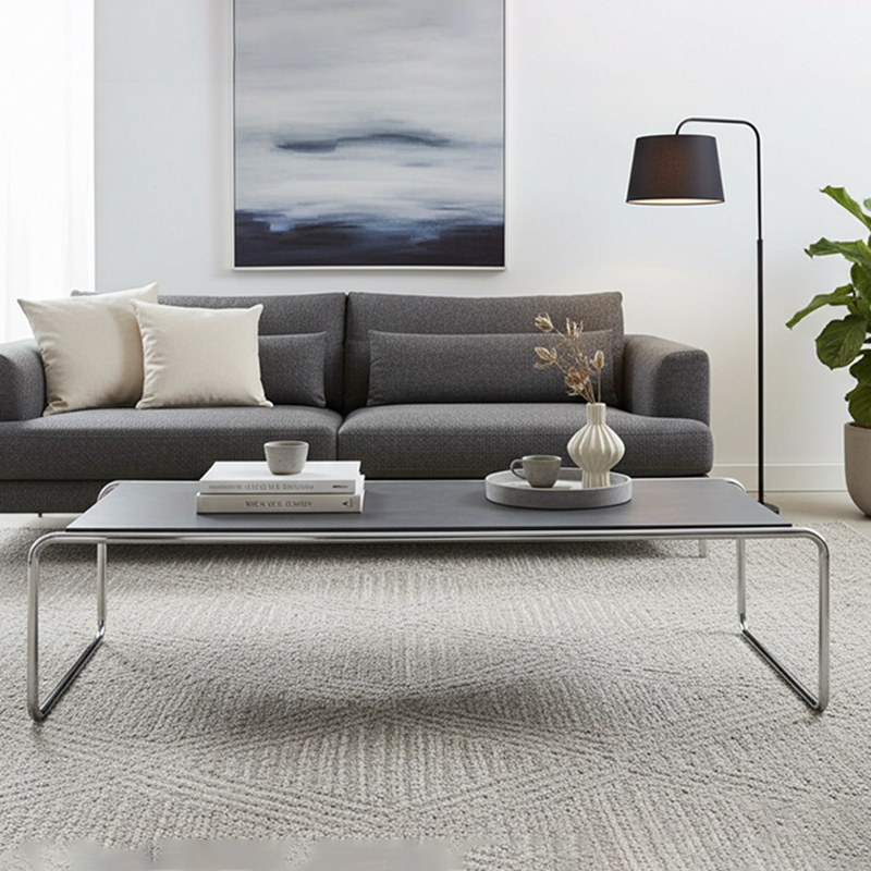 Modern Minimalist Rectangular Stainless Steel Medium Density Fiberboard Coffee Table 2-Leg Sturdy For Living Room