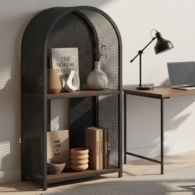 Modern Minimalist Round Rectangular Metal Solid Wood Multi-Layer Bookshelves 2/3-Tier Sturdy Durable For Home Office