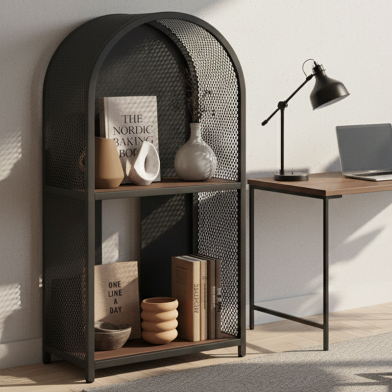 Modern Minimalist Round Rectangular Metal Solid Wood Multi-Layer Bookshelves 2/3-Tier Sturdy Durable For Home Office