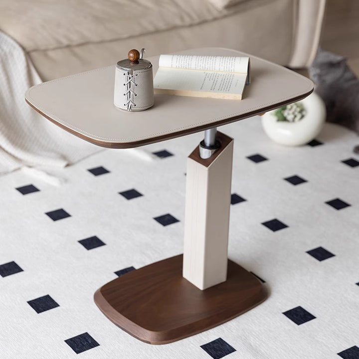 Moderner minimalistischer rechteckiger Sattelleder-Massivholzfurnier-MDF-Hardware-Beistelltisch, drehbar und verstellbar für das Wohnzimmer 