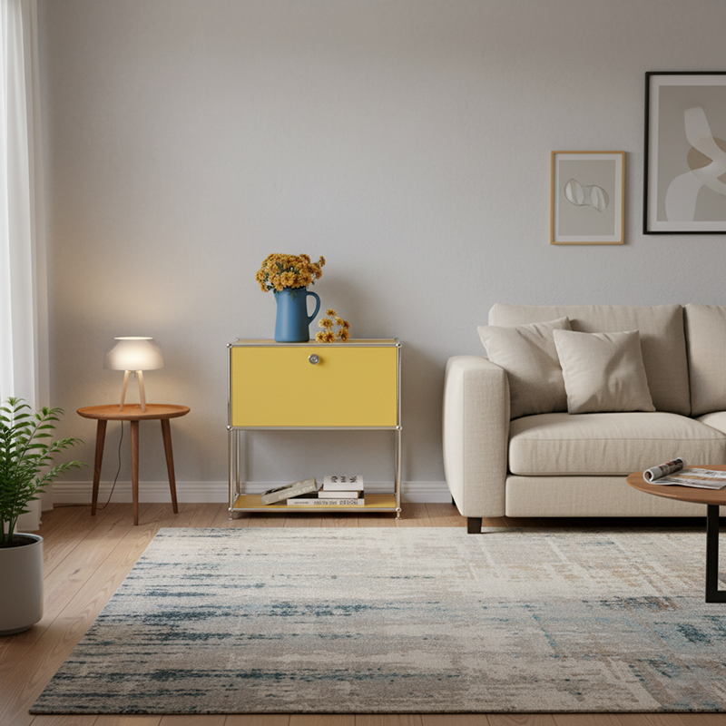Moderner minimalistischer rechteckiger Edelstahlspeicher mit Massivholz-Öko-Board, 2-stufigem 1-Schubladen-Speicherschrank für das Wohnzimmer 