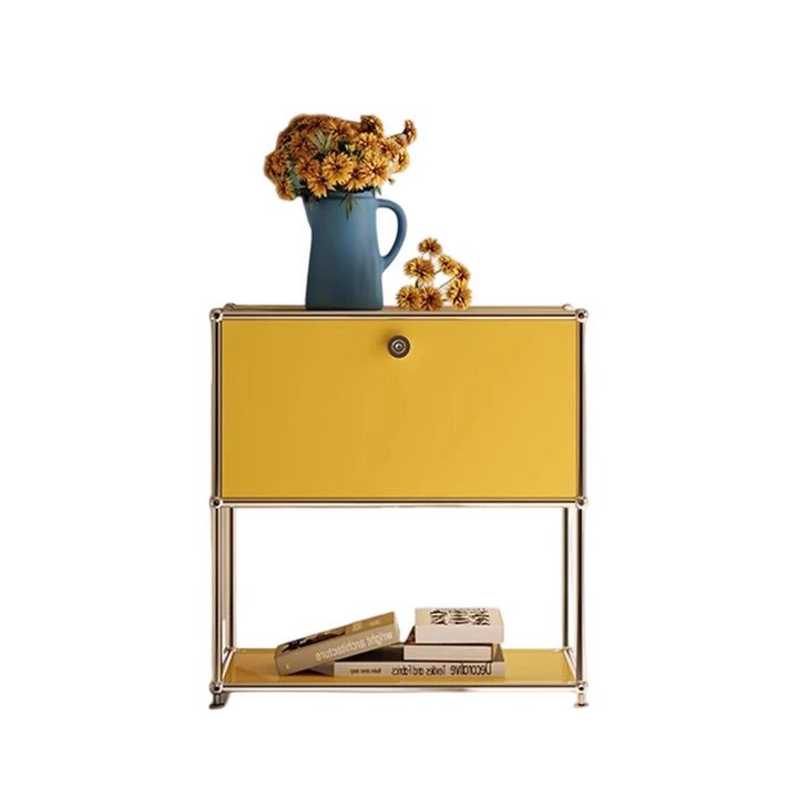 Moderner minimalistischer rechteckiger Edelstahlspeicher mit Massivholz-Öko-Board, 2-stufigem 1-Schubladen-Speicherschrank für das Wohnzimmer 