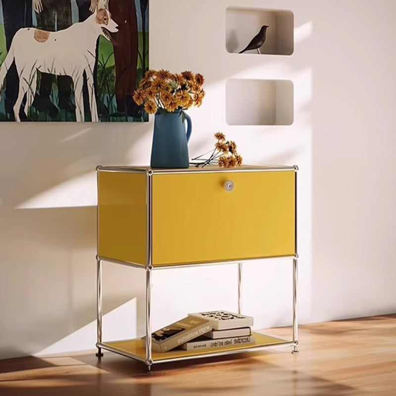 Moderner minimalistischer rechteckiger Edelstahlspeicher mit Massivholz-Öko-Board, 2-stufigem 1-Schubladen-Speicherschrank für das Wohnzimmer 