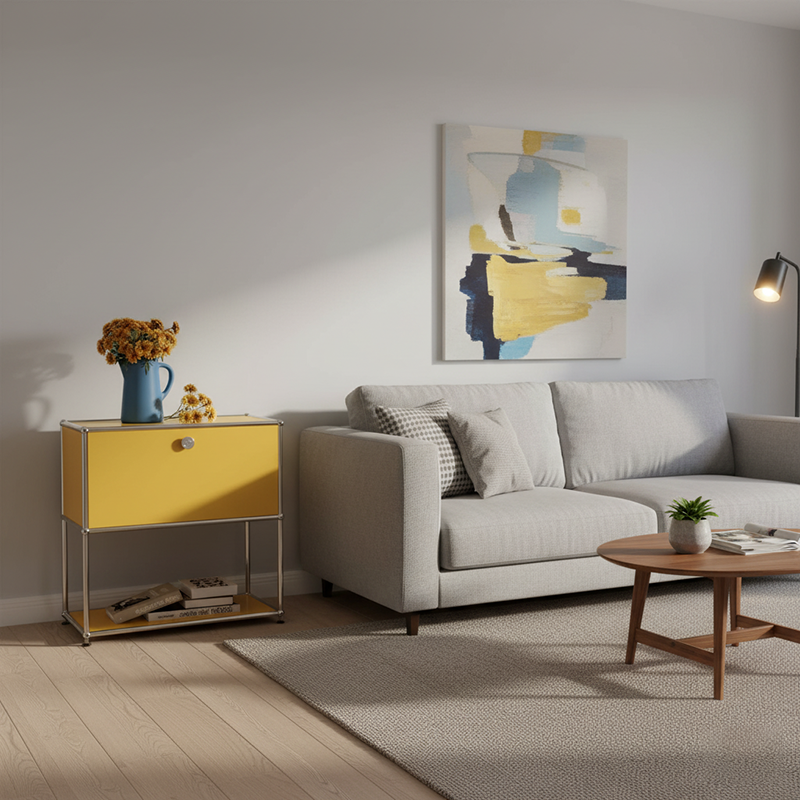 Moderner minimalistischer rechteckiger Edelstahlspeicher mit Massivholz-Öko-Board, 2-stufigem 1-Schubladen-Speicherschrank für das Wohnzimmer 