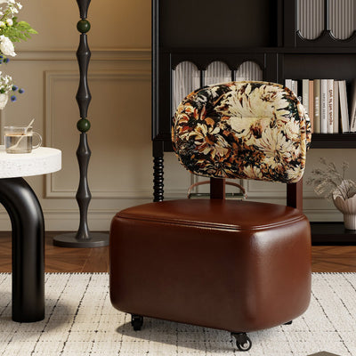 Modern Minimalist Curved Cushion PU Leather Solid Wood Cotton Linen Sponge Low Stool Backrest Movable Sturdy For Living Room