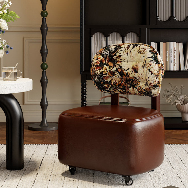 Modern Minimalist Curved Cushion PU Leather Solid Wood Cotton Linen Sponge Low Stool Backrest Movable Sturdy For Living Room