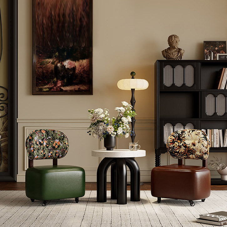 Modern Minimalist Curved Cushion PU Leather Solid Wood Cotton Linen Sponge Low Stool Backrest Movable Sturdy For Living Room