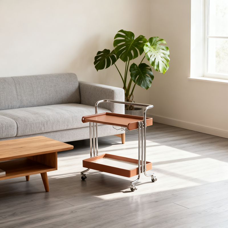 Modern Minimalist Rectangular Solid Wood Stainless Steel Side Table 2-Tier Movable For Living Room