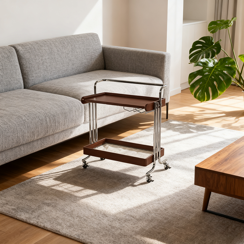 Modern Minimalist Rectangular Solid Wood Stainless Steel Side Table 2-Tier Movable For Living Room