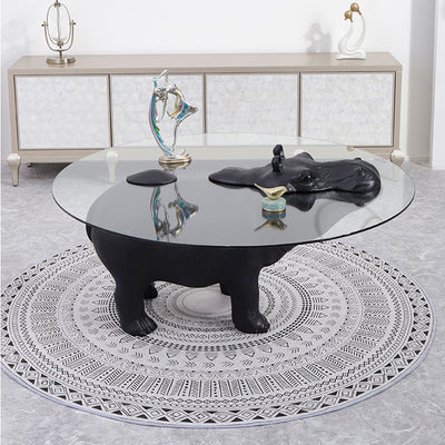 Modern Minimalist Hippopotamus-Shape Round Fiberglass Glass Coffee Table 4-Leg Sturdy For Living Room