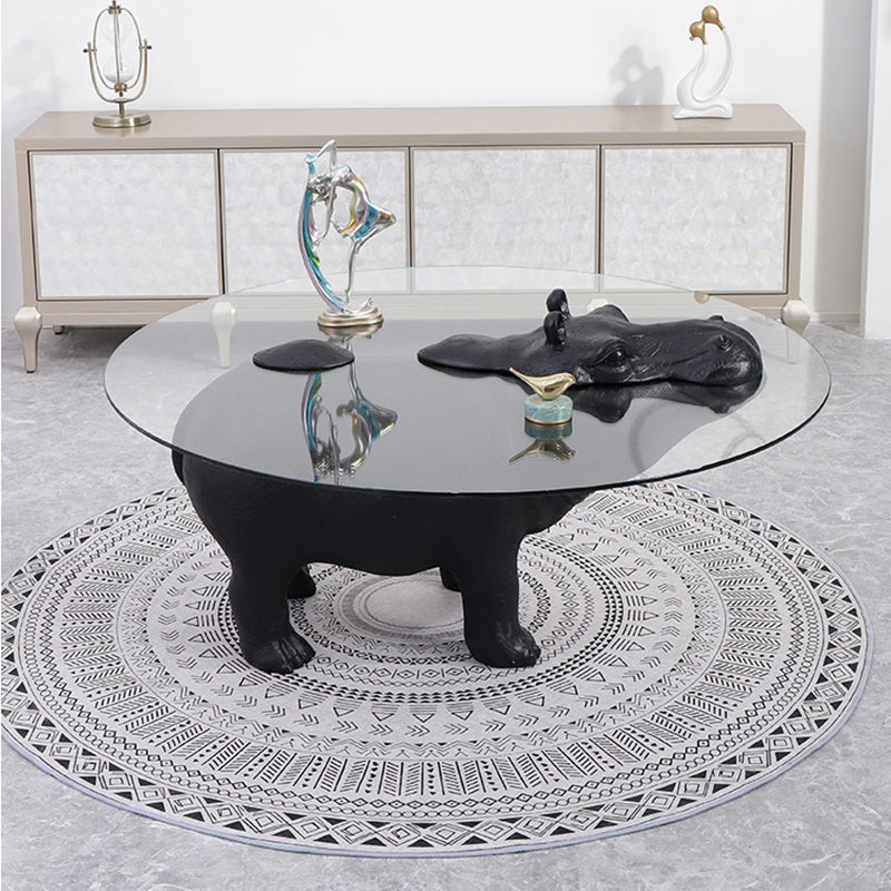 Modern Minimalist Hippopotamus-Shape Round Fiberglass Glass Coffee Table 4-Leg Sturdy For Living Room