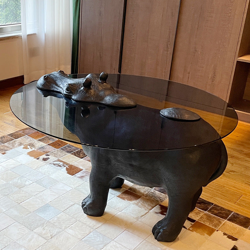 Modern Minimalist Hippopotamus-Shape Round Fiberglass Glass Coffee Table 4-Leg Sturdy For Living Room
