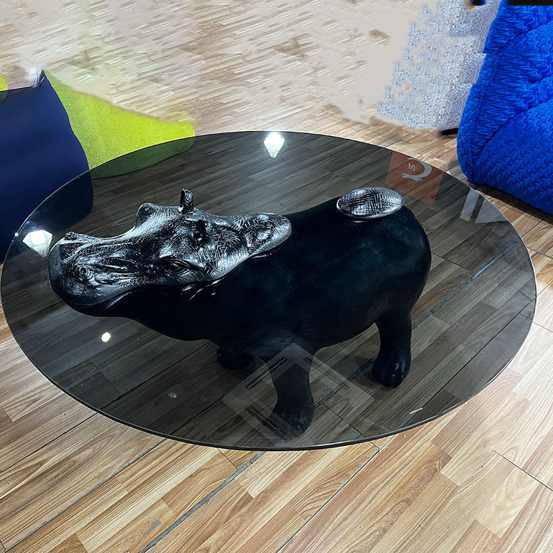 Modern Minimalist Hippopotamus-Shape Round Fiberglass Glass Coffee Table 4-Leg Sturdy For Living Room
