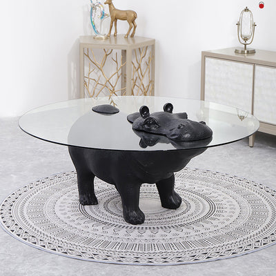 Modern Minimalist Hippopotamus-Shape Round Fiberglass Glass Coffee Table 4-Leg Sturdy For Living Room