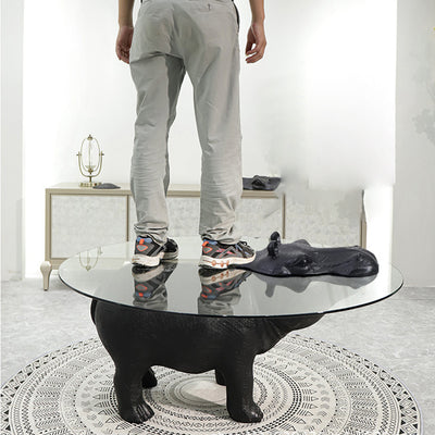 Modern Minimalist Hippopotamus-Shape Round Fiberglass Glass Coffee Table 4-Leg Sturdy For Living Room