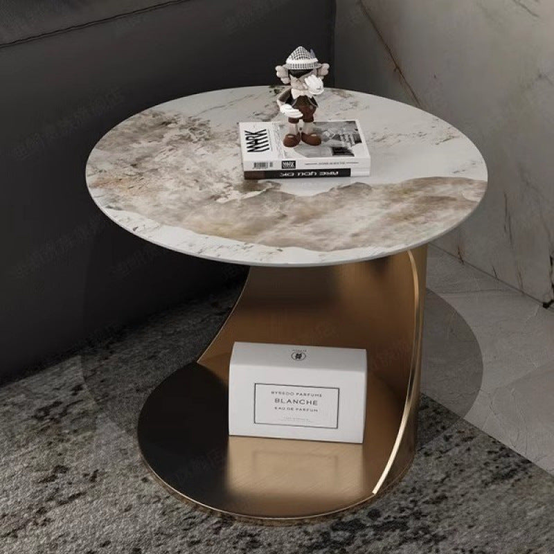 Modern Luxury Round Carbon Steel Stone Slab Side Table 2-Tier Heat-Resistant For Living Room