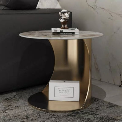 Modern Luxury Round Carbon Steel Stone Slab Side Table 2-Tier Heat-Resistant For Living Room