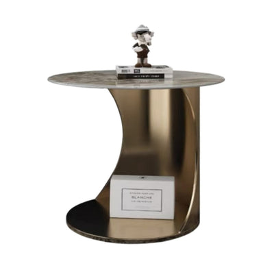 Modern Luxury Round Carbon Steel Stone Slab Side Table 2-Tier Heat-Resistant For Living Room