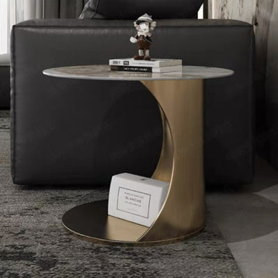 Modern Luxury Round Carbon Steel Stone Slab Side Table 2-Tier Heat-Resistant For Living Room