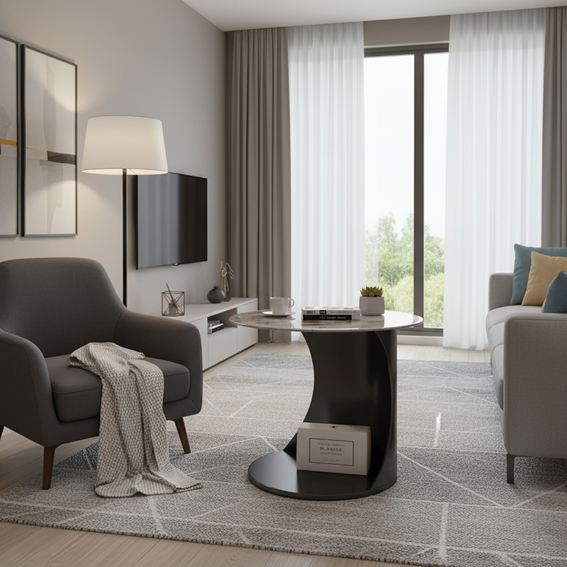 Modern Luxury Round Carbon Steel Stone Slab Side Table 2-Tier Heat-Resistant For Living Room