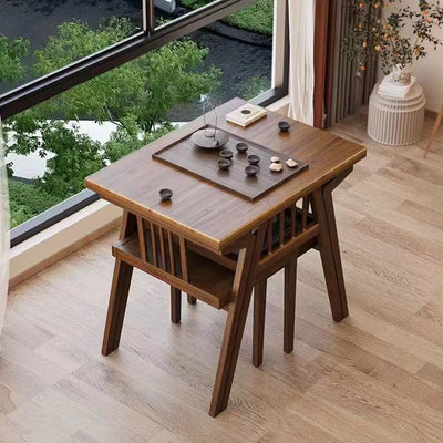 Modern Minimalist Rectangular Solid Wood Desk & Chair Set 2-Tier Sturdy High Weight Capacity For Home Office