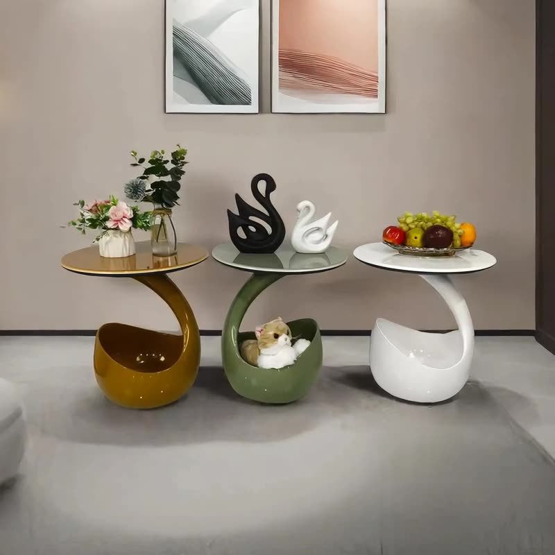 Modern Minimalist Round Polyurethane Microcrystalline Stone Side Table 2-Tier For Living Room