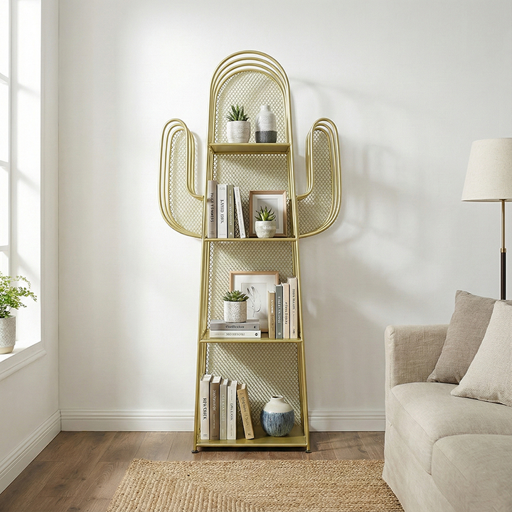 Étagères à livres en fer en forme de cactus, minimalistes modernes, 4 niveaux, artistiques et durables pour salon 