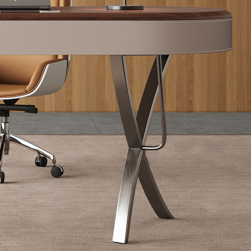 Bureaux minimalistes modernes ovales en acier inoxydable, bois massif et panneau de fibres à densité moyenne, 2 pieds, 1 tiroir, pour bureau à domicile 