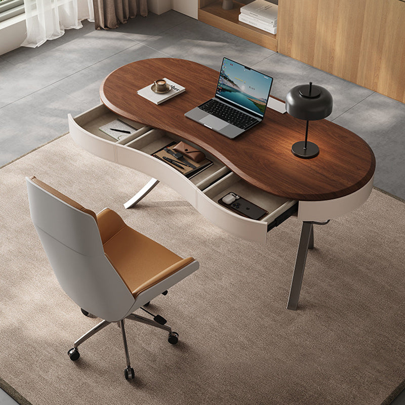 Bureaux minimalistes modernes ovales en acier inoxydable, bois massif et panneau de fibres à densité moyenne, 2 pieds, 1 tiroir, pour bureau à domicile 