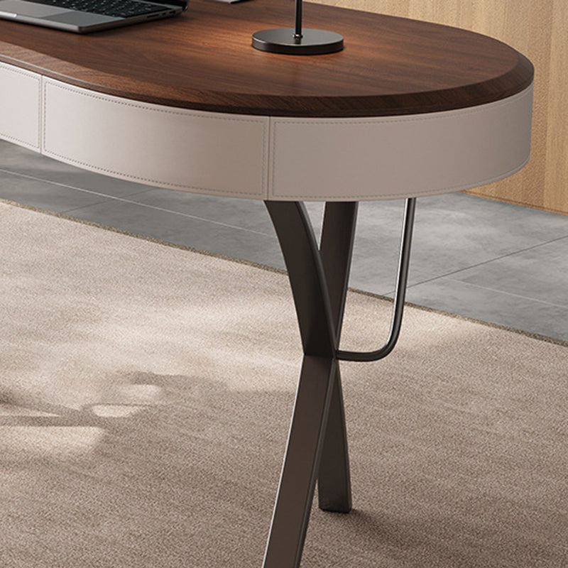 Bureaux minimalistes modernes ovales en acier inoxydable, bois massif et panneau de fibres à densité moyenne, 2 pieds, 1 tiroir, pour bureau à domicile 