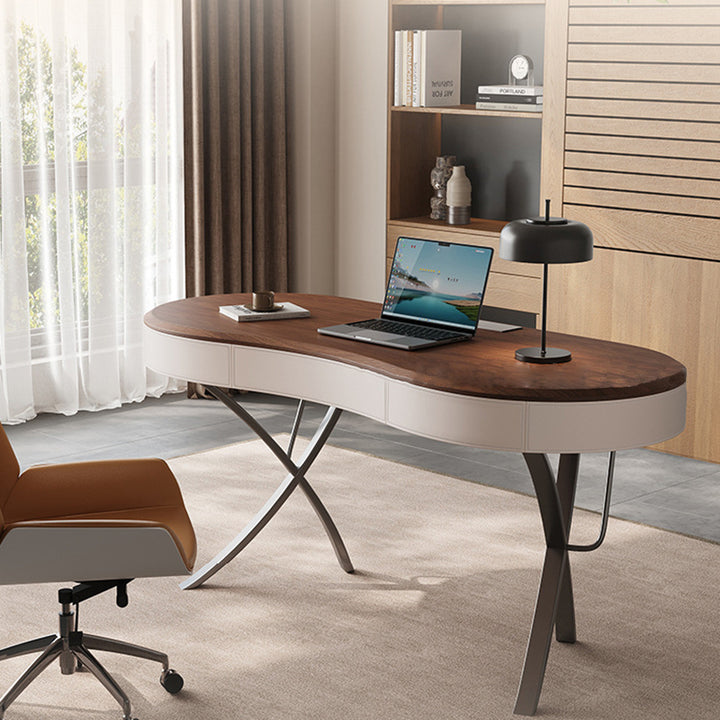 Bureaux minimalistes modernes ovales en acier inoxydable, bois massif et panneau de fibres à densité moyenne, 2 pieds, 1 tiroir, pour bureau à domicile 