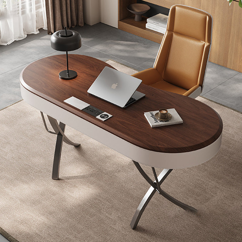 Bureaux minimalistes modernes ovales en acier inoxydable, bois massif et panneau de fibres à densité moyenne, 2 pieds, 1 tiroir, pour bureau à domicile 