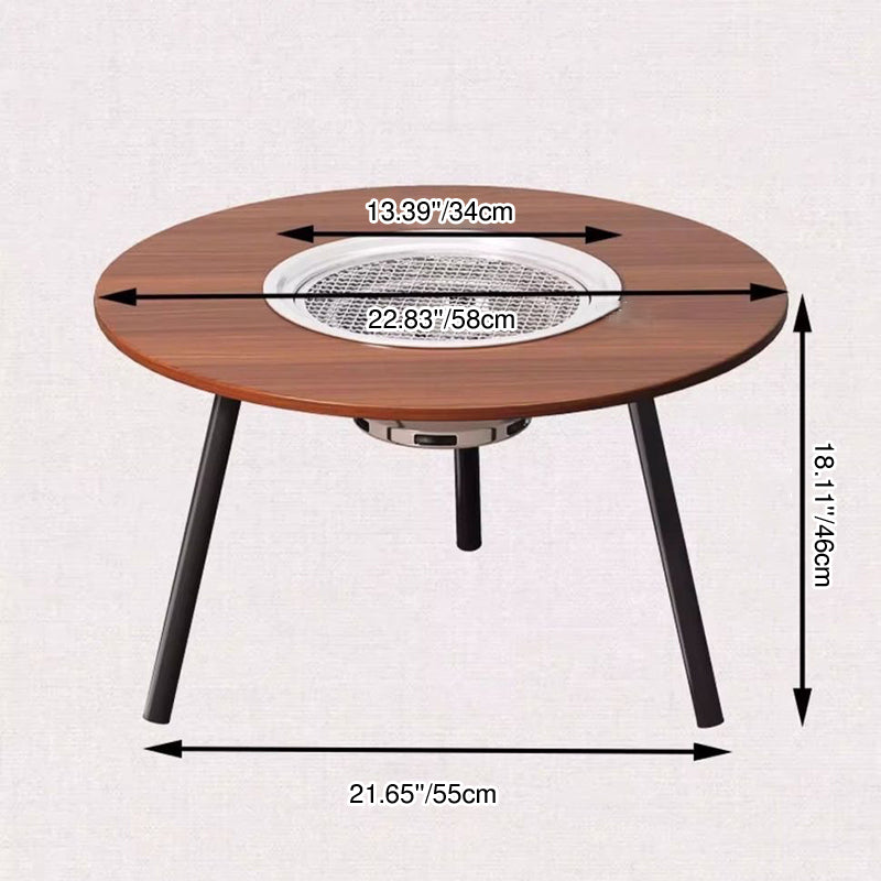 Moderner minimalistischer runder Eisen-Holz-Brett-Edelstahl-Außentisch mit 3-beinigem klappbarem Design für den Garten 