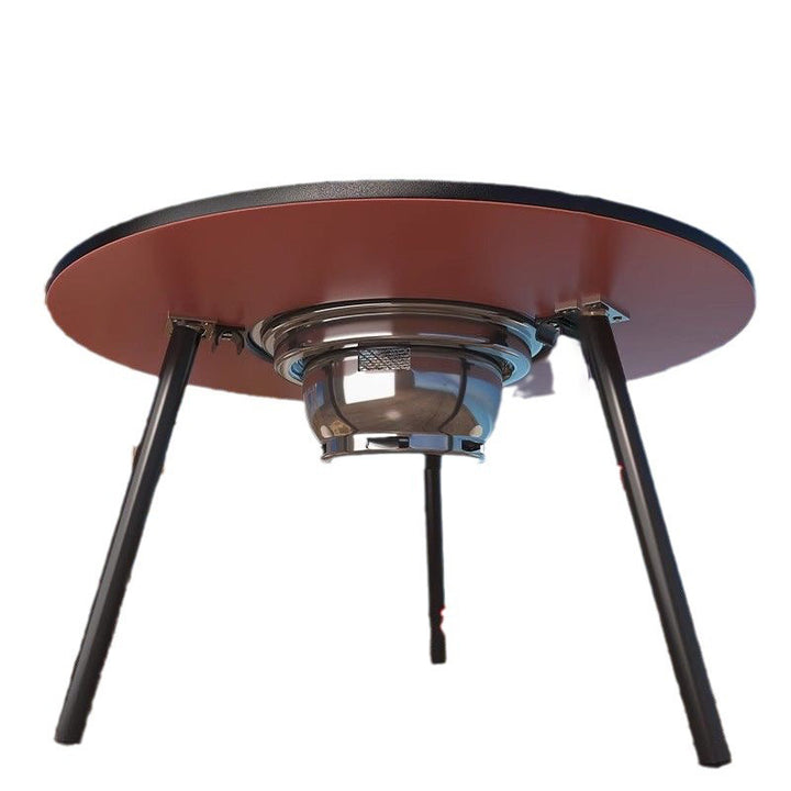 Moderner minimalistischer runder Eisen-Holz-Brett-Edelstahl-Außentisch mit 3-beinigem klappbarem Design für den Garten 