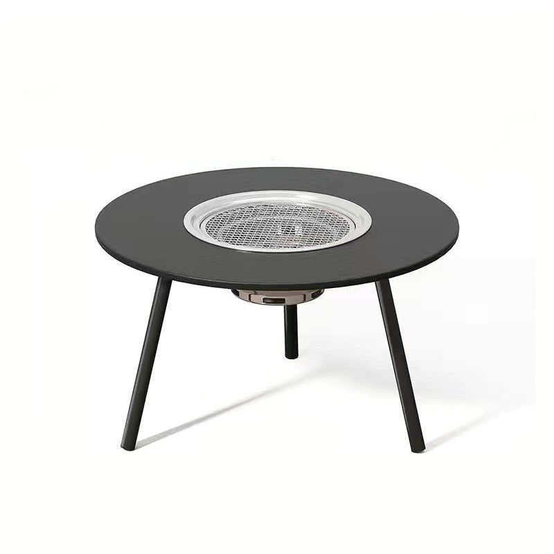 Moderner minimalistischer runder Eisen-Holz-Brett-Edelstahl-Außentisch mit 3-beinigem klappbarem Design für den Garten 