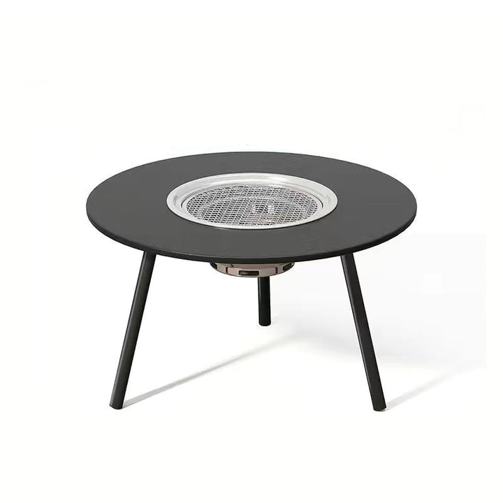 Moderner minimalistischer runder Eisen-Holz-Brett-Edelstahl-Außentisch mit 3-beinigem klappbarem Design für den Garten 