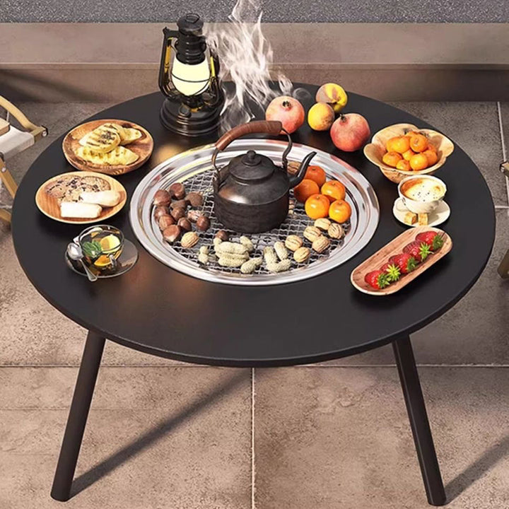 Moderner minimalistischer runder Eisen-Holz-Brett-Edelstahl-Außentisch mit 3-beinigem klappbarem Design für den Garten 