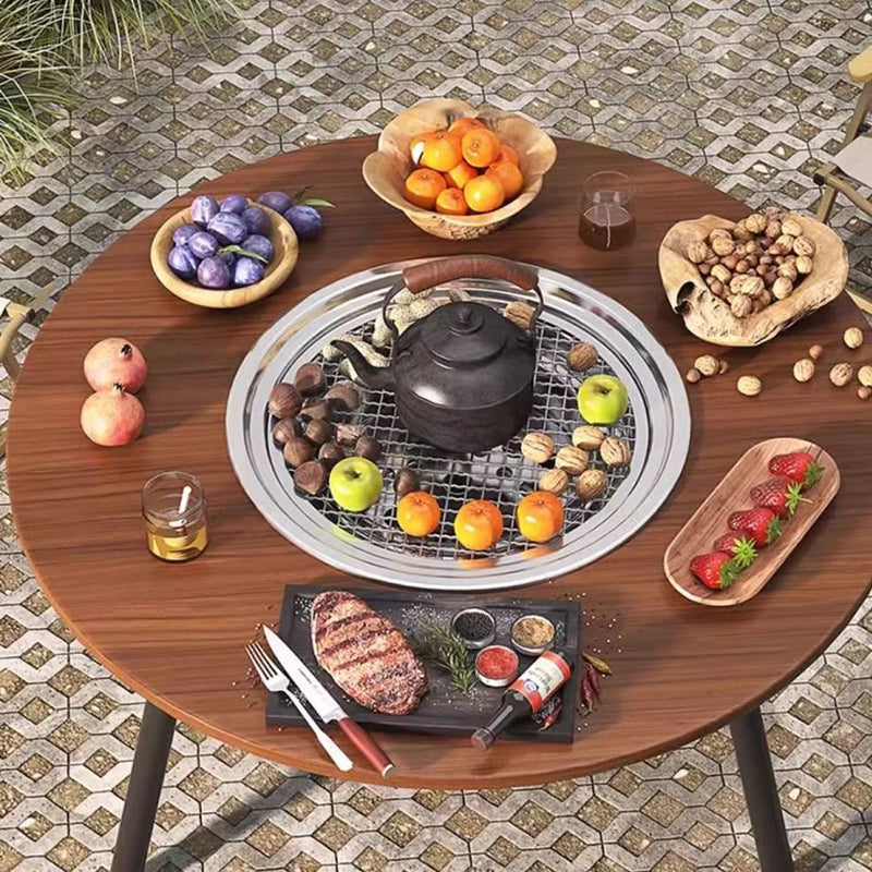 Moderner minimalistischer runder Eisen-Holz-Brett-Edelstahl-Außentisch mit 3-beinigem klappbarem Design für den Garten 