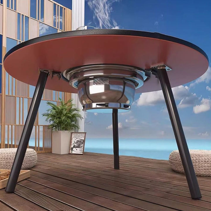 Moderner minimalistischer runder Eisen-Holz-Brett-Edelstahl-Außentisch mit 3-beinigem klappbarem Design für den Garten 