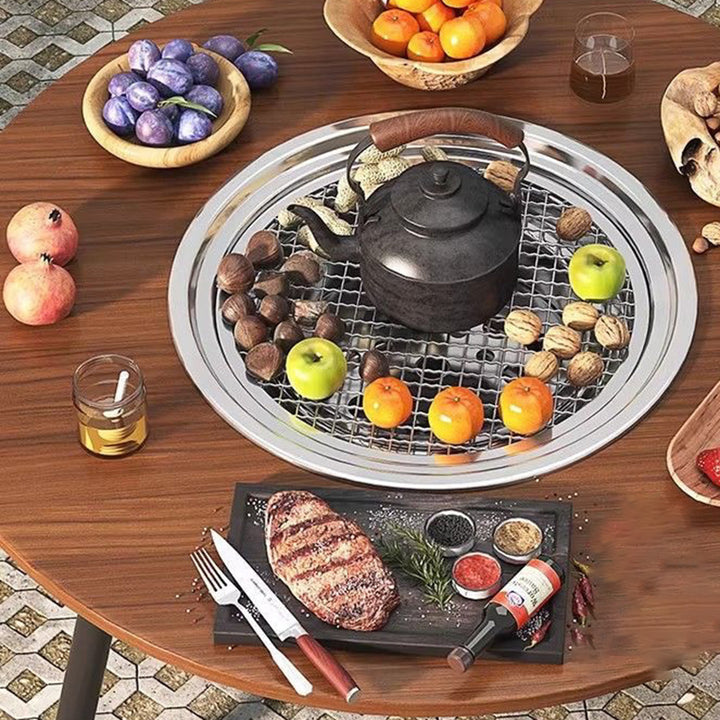 Moderner minimalistischer runder Eisen-Holz-Brett-Edelstahl-Außentisch mit 3-beinigem klappbarem Design für den Garten 