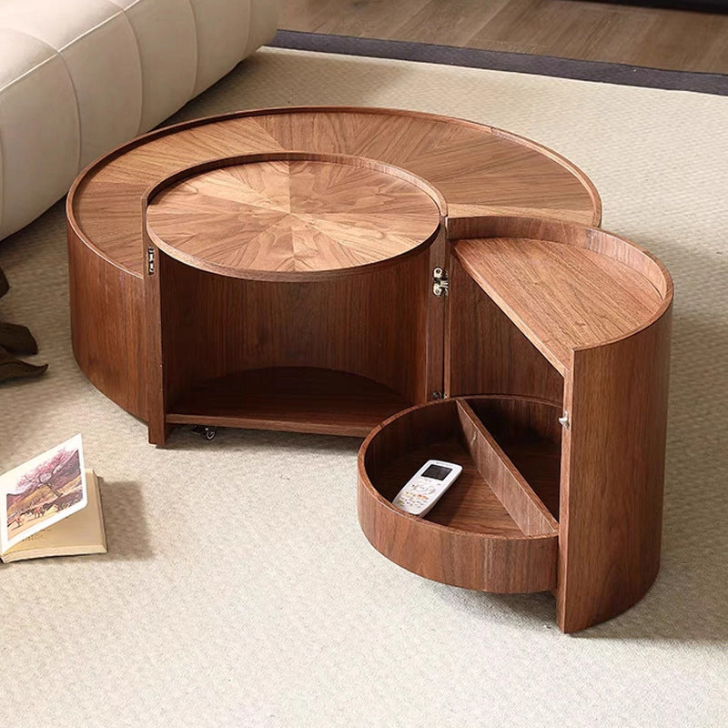 Moderner minimalistischer runder Couchtisch aus massivem Holz mit mehrschichtiger Platte, 1 Schublade, 1 Schrank, beweglich für das Wohnzimmer 
