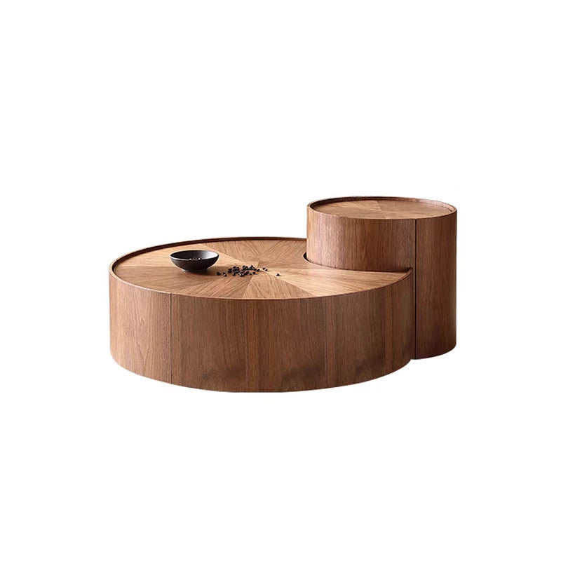 Moderner minimalistischer runder Couchtisch aus massivem Holz mit mehrschichtiger Platte, 1 Schublade, 1 Schrank, beweglich für das Wohnzimmer 