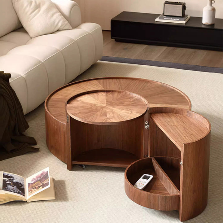 Moderner minimalistischer runder Couchtisch aus massivem Holz mit mehrschichtiger Platte, 1 Schublade, 1 Schrank, beweglich für das Wohnzimmer 