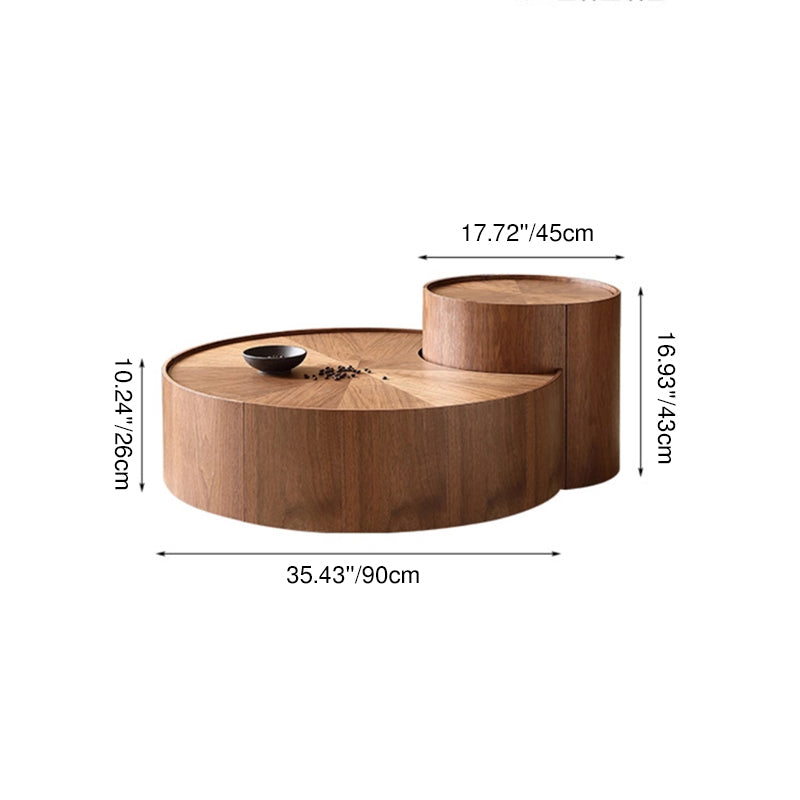 Moderner minimalistischer runder Couchtisch aus massivem Holz mit mehrschichtiger Platte, 1 Schublade, 1 Schrank, beweglich für das Wohnzimmer 
