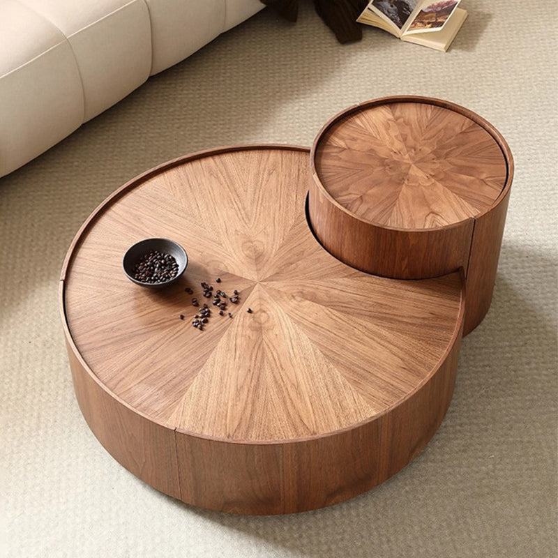 Moderner minimalistischer runder Couchtisch aus massivem Holz mit mehrschichtiger Platte, 1 Schublade, 1 Schrank, beweglich für das Wohnzimmer 
